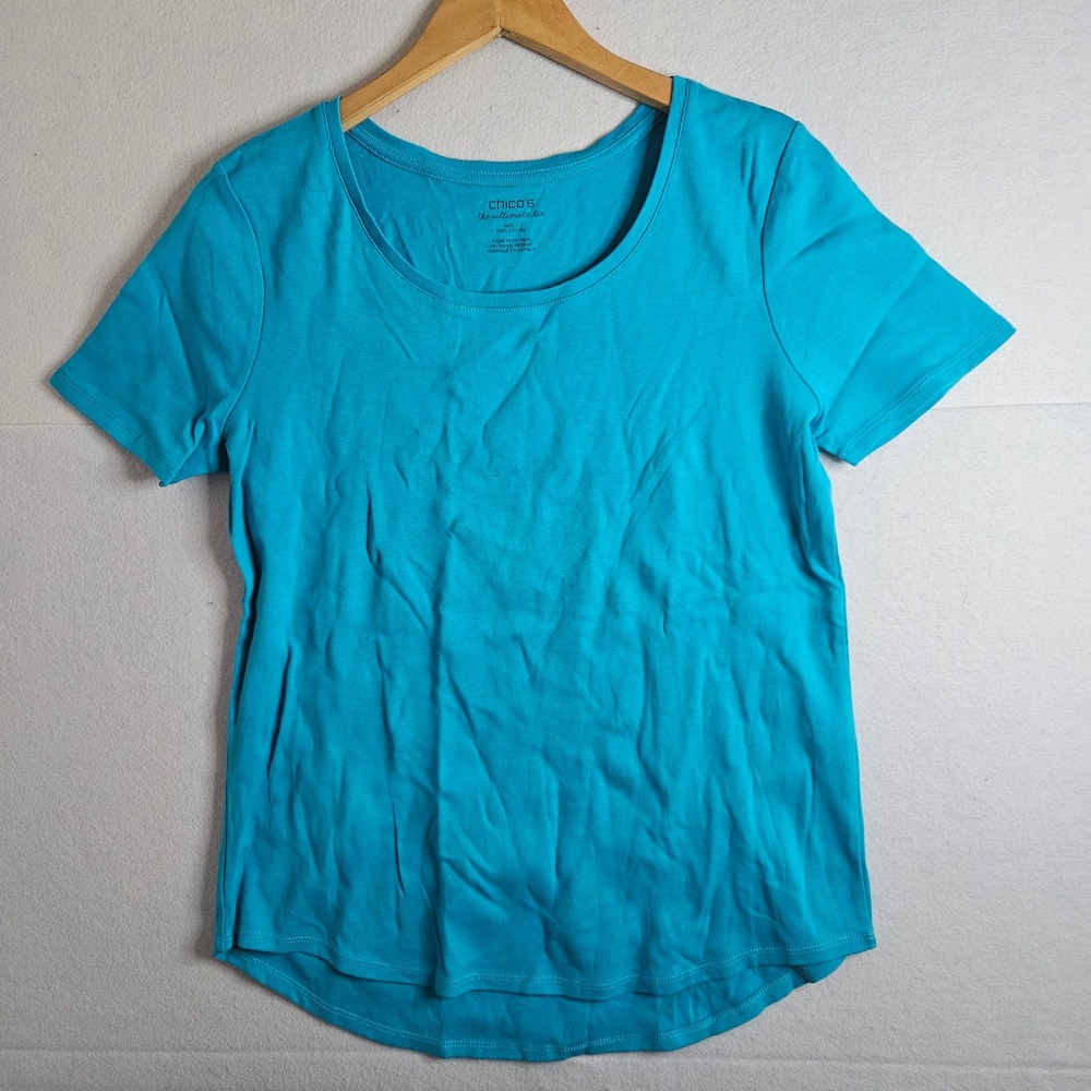 Chicos The Ultimate Tee Turquoise Blue Cotton Short Sleeve Scoop Neck Top Size 2